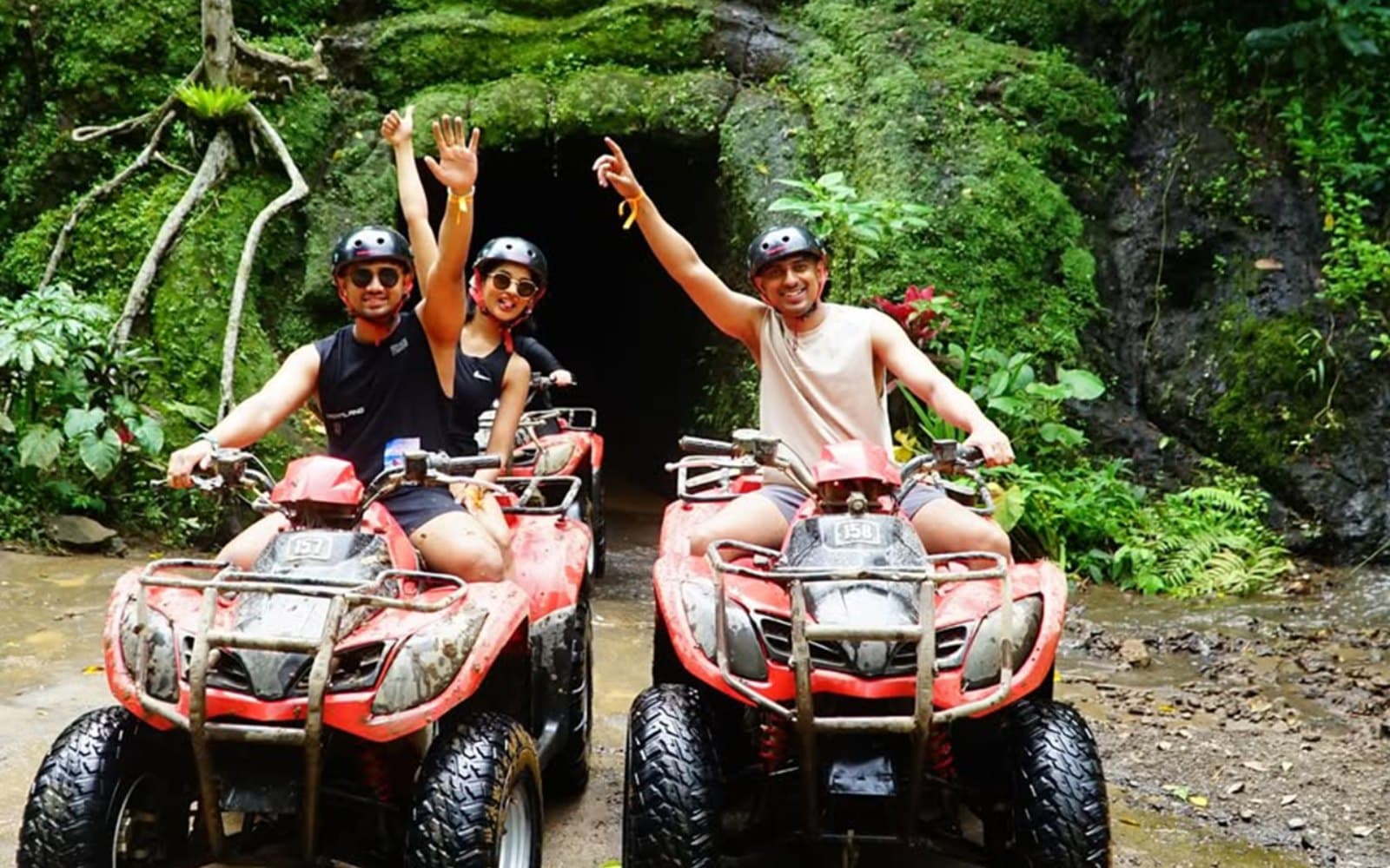 Get ready to get dirty as you navigate deep mud puddles and rugged terrain surrounded by lush greenery.